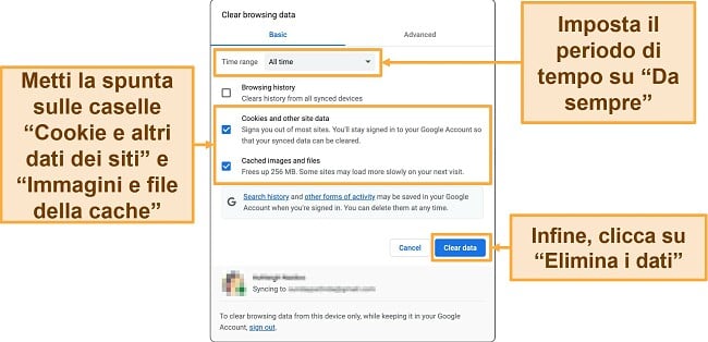 Screenshot di Google Chrome che mostra le impostazioni per la cancellazione della cache e dei cookie