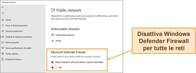 Screenshot dell'app di sicurezza di Windows che mostra Microsoft Defender Firewall disattivato