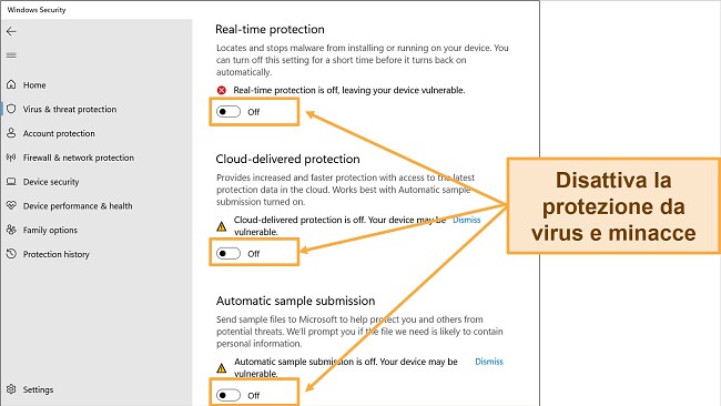 Screenshot dell'app di sicurezza di Windows che mostra la protezione da virus e minacce disattivata