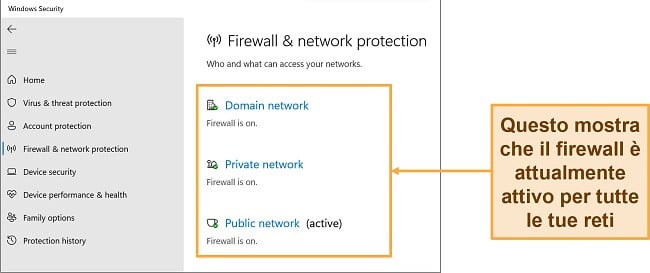 Screenshot dell'app di sicurezza di Windows che mostra lo stato di protezione del firewall e della rete