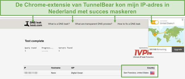 Screenshot van DNS-lektestresultaten bij verbinding met TunnelBear.