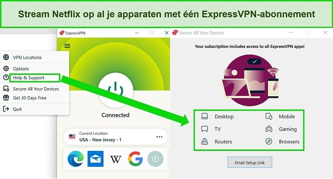 Screenshot van ExpressVPN Windows-app met apparaatopties om ExpressVPN aan te zetten