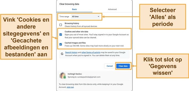 Screenshot van Google Chrome met instellingen voor het wissen van de cache en cookies