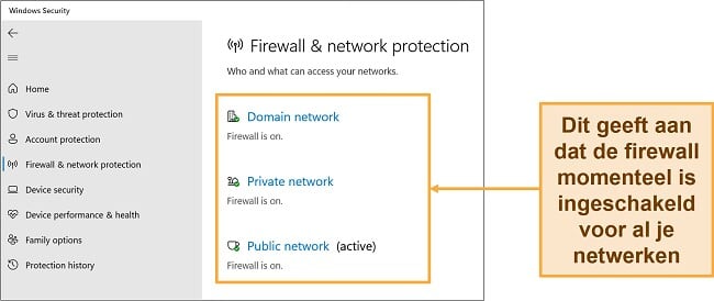 Screenshot van de Windows Security-app met de status Firewall en netwerkbeveiliging