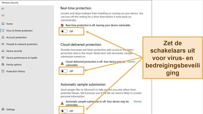 Screenshot van de Windows-beveiligingsapp waarop de bescherming tegen virussen en bedreigingen is uitgeschakeld