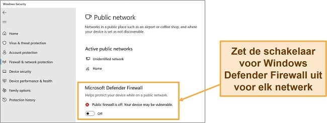 Screenshot van de Windows Security-app waarop Microsoft Defender Firewall is uitgeschakeld