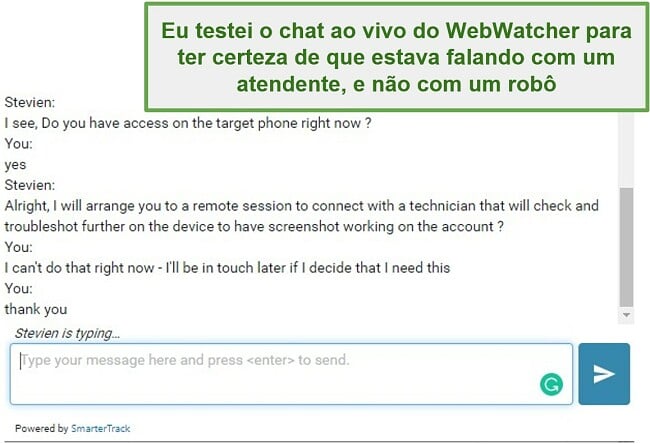 Captura de tela do suporte ao cliente do Webwatcher