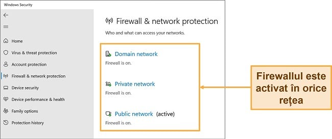 Captură de ecran a aplicației Windows Security care arată starea protecției firewall și a rețelei