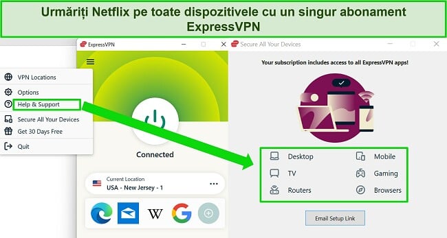 Captură de ecran a aplicației Windows ExpressVPN care arată opțiunile dispozitivului pentru a utiliza ExpressVPN