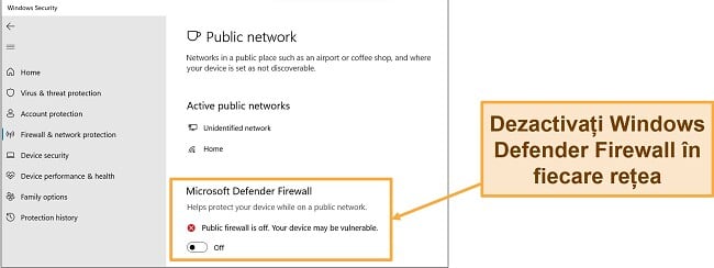 Captură de ecran a aplicației Windows Security care arată Microsoft Defender Firewall dezactivat