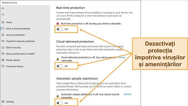 Captură de ecran a aplicației Windows Security care arată că protecția împotriva virușilor și amenințărilor este dezactivată