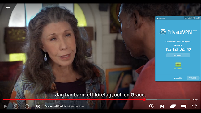 Skärmdump av PrivateVPN ansluten till amerikansk server med Grace och Frankie-streaming på Netflix USA