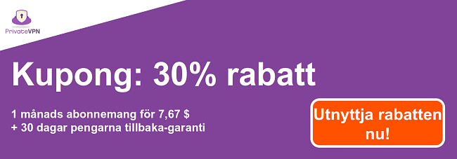 Grafik av en fungerande PrivateVPN-kupong för en månads prenumeration för 7,67 $ och en 30-dagars pengarna-tillbaka-garanti