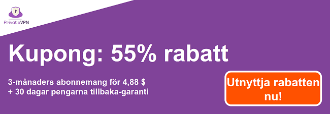 Grafik över en fungerande PrivateVPN-kupong med 55% rabatt på en 3-månaders prenumeration och en 30-dagars pengarna-tillbaka-garanti