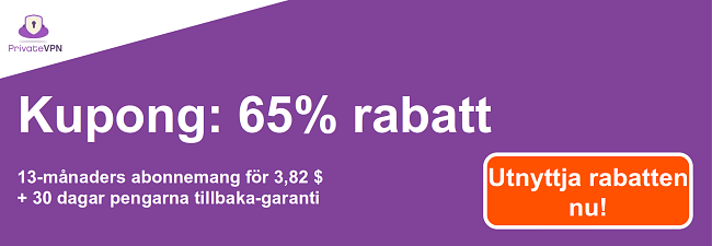 Grafik av en fungerande PrivateVPN-kupong med 65% rabatt på en 13-månaders prenumeration och en 30-dagars pengarna-tillbaka-garanti