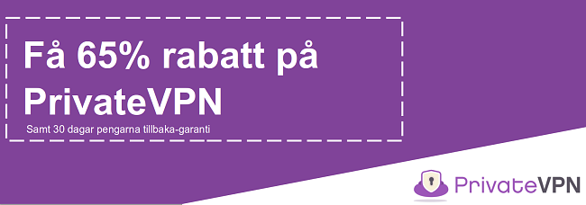 Grafik för en fungerande PrivateVPN-kupong som erbjuder 65% rabatt med 30-dagars pengarna-tillbaka-garanti