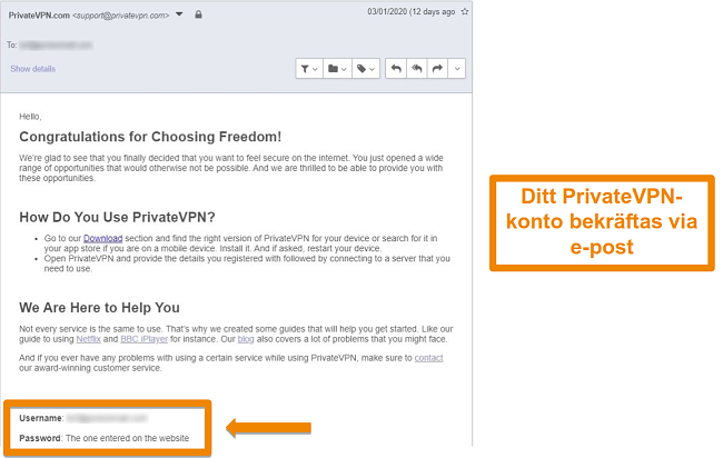 Skärmdump av en PrivateVPN-e-postbekräftelse efter att du registrerat dig för ett konto