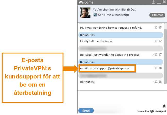 Skärmdump av en PrivateVPN-chattagent som ger instruktioner för att skicka en begäran om återbetalning via e-post