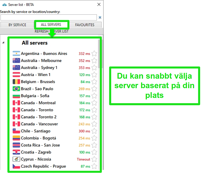 Skärmdump av PrivateVPN-serverplatser under listan 