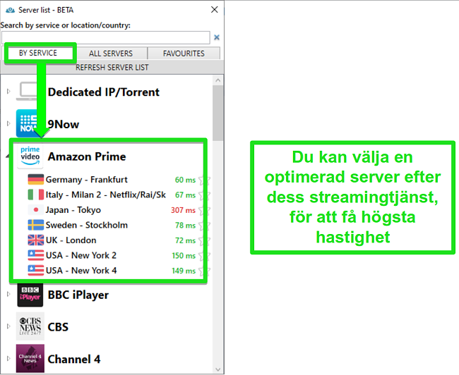 Skärmdump av strömmande serveralternativ för PrivateVPN