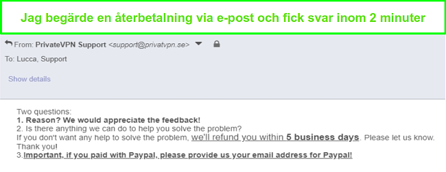 Skärmdump av PrivateVPN svarar snabbt på min återbetalningsförfrågan via e-post