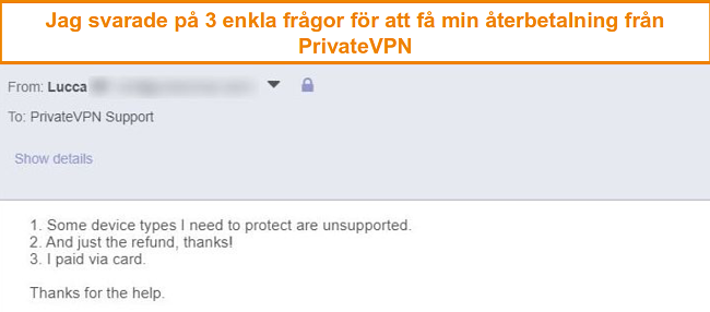 Skärmdump av svar för att begära en PrivateVPN-återbetalning via e-post