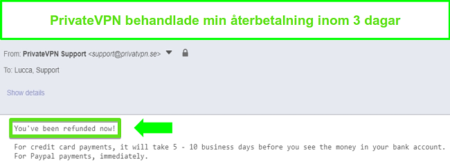 Skärmdump av PrivateVPNs svar efter bearbetning av en återbetalning