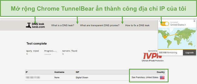 Ảnh chụp màn hình kết quả kiểm tra rò rỉ DNS khi kết nối với TunnelBear.