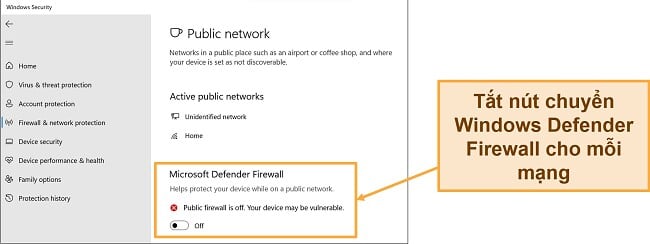 Ảnh chụp màn hình của ứng dụng Bảo mật Windows hiển thị Tường lửa của Bộ bảo vệ Microsoft đã tắt