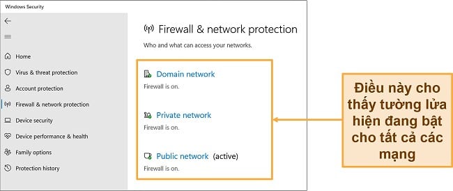 Ảnh chụp màn hình của ứng dụng Bảo mật Windows hiển thị trạng thái bảo vệ mạng và Tường lửa