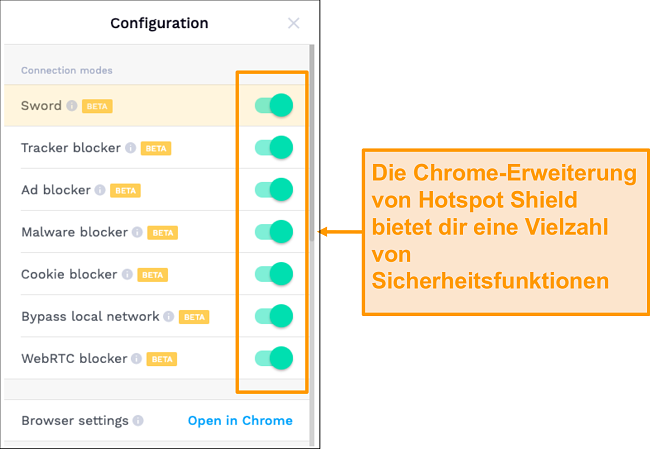 Screenshot der Sicherheitsfunktionen der Chrome-Erweiterung von HotSpot Shield.