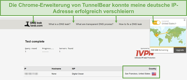 Screenshot der Ergebnisse des DNS-Lecktests bei Verbindung mit TunnelBear.