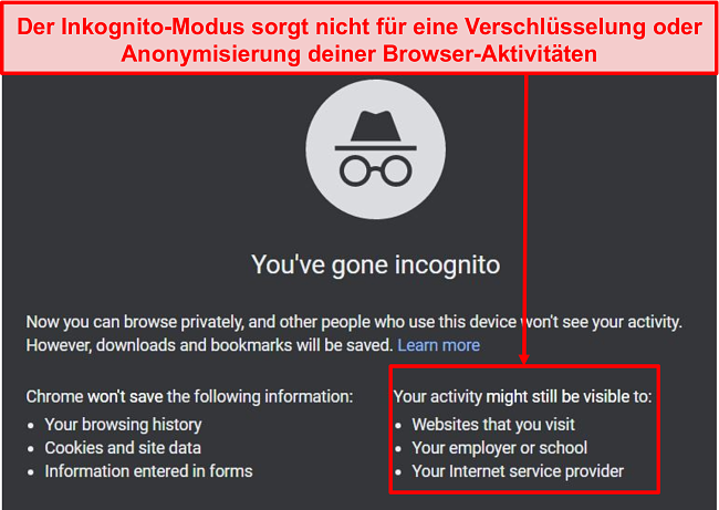 Screenshot der Benachrichtigungen im Inkognito-Modus.