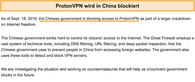 Screenshot von der Proton VPN-Website mit der Ankündigung, dass sie in China blockiert wurden