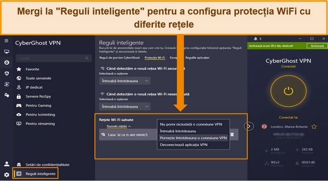 Captură de ecran a aplicației CyberGhost Windows care arată setarea de protecție WiFi din opțiunea Reguli inteligente