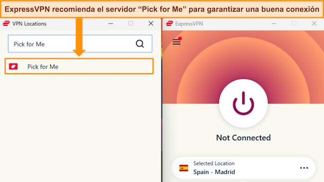 Imagen de la aplicación de Windows de ExpressVPN, que muestra la opción de servidor Pick for Me