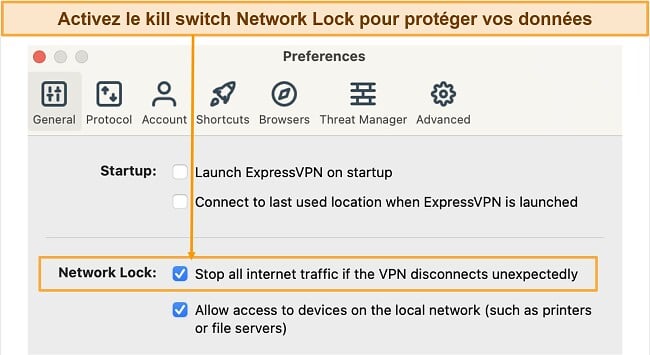 Capture d'écran des paramètres du kill switch Network Lock sur l'application ExpressVPN