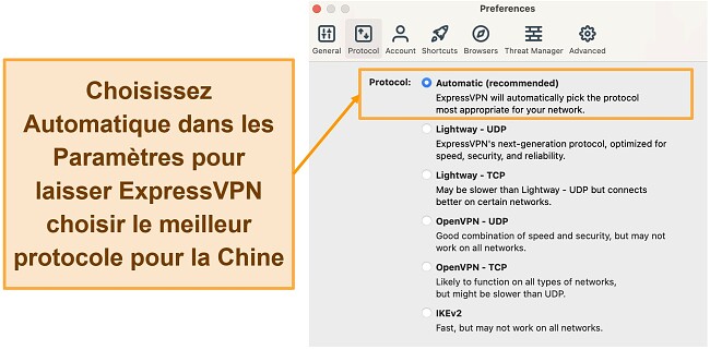 Capture d'écran des options de protocole d'ExpressVPN sur l'application macOS