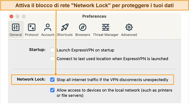 Screenshot delle impostazioni del kill switch di blocco della rete sull'app ExpressVPN