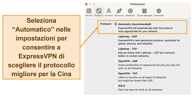 Screenshot delle opzioni del protocollo di ExpressVPN sull'app macOS