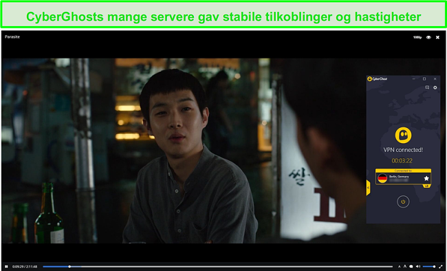 Skjermbilde av CyberGhost beskytte Popcorn Time mens streaming Parasitt