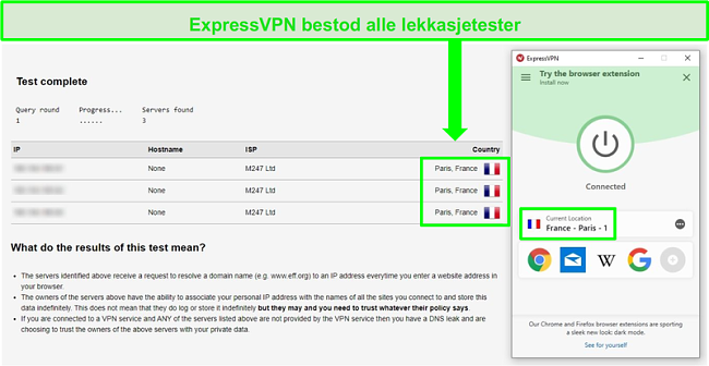 Skjermbilde av ExpressVPN koblet til en Paris-server og bestått en DNS- og IP-adresselekkasjetest