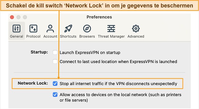 Screenshot van de Network Lock kill switch-instellingen in de ExpressVPN-app