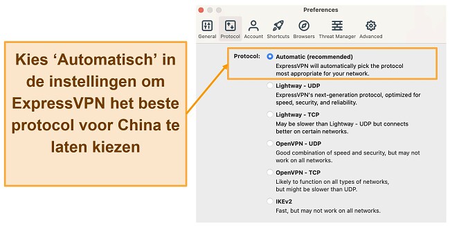 Schermafbeelding van de protocolopties van ExpressVPN in de macOS-app