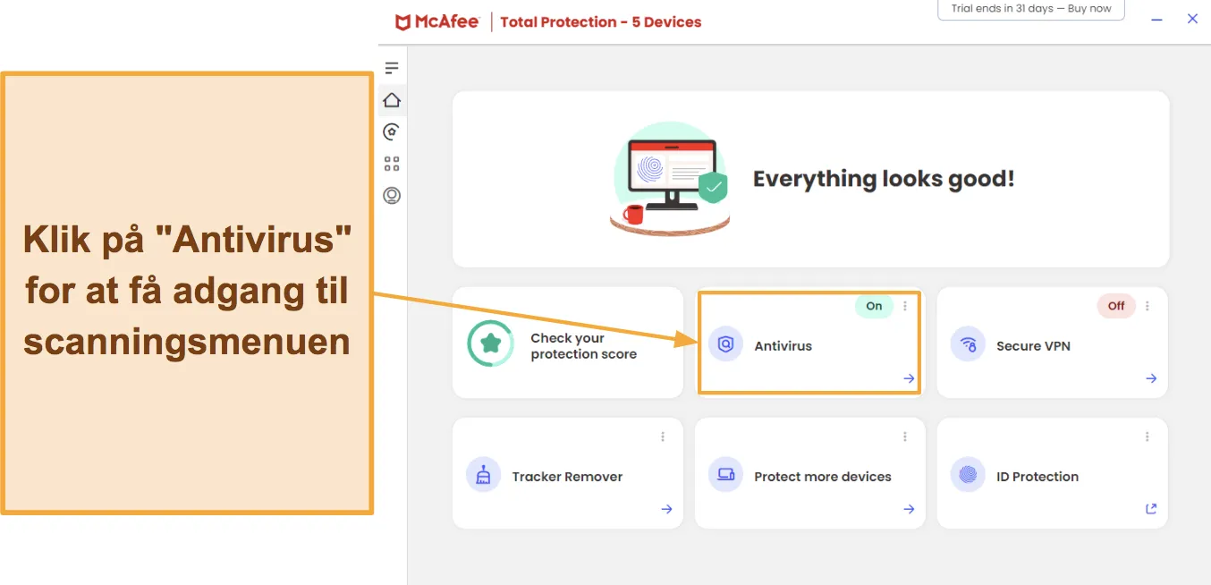 Skærmbilleder, der viser, hvordan du får adgang til McAfees virusscanninger.
