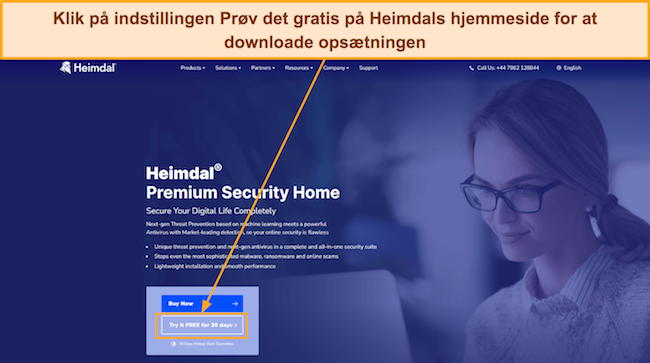 Skærmbillede, der viser, hvordan du downloader Heimdals prøveversion fra dens hjemmeside