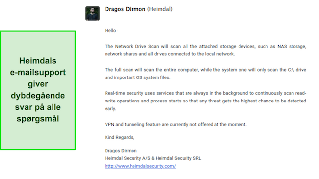 Skærmbillede, der viser et svar fra Heimdals kundesupport
