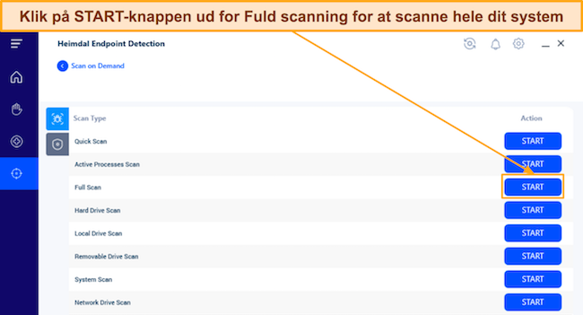 Skærmbillede, der viser, hvordan du starter Heimdals fulde scanning