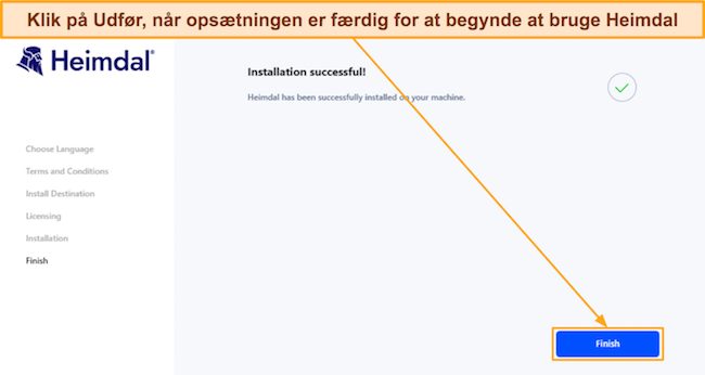 Skærmbillede, der viser færdiggørelsen af Heimdals opsætning