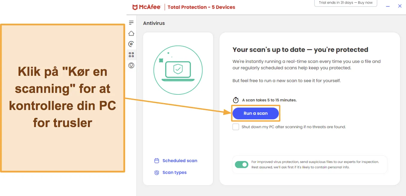 Skærmbillede, der viser, hvordan man starter en scanning med McAfee.